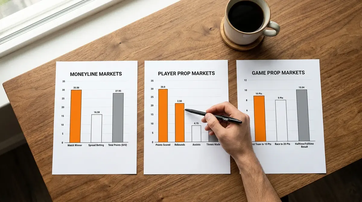 Side-by-side view of spread, moneyline, and totals betting slips for an NBA game
