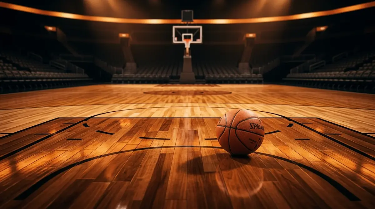 NBA basketball court with scoreboard showing point spread data and betting odds overlay