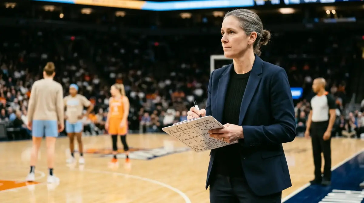 Basketball coach reviewing NBA game statistics on a clipboard courtside during a professional basketball match