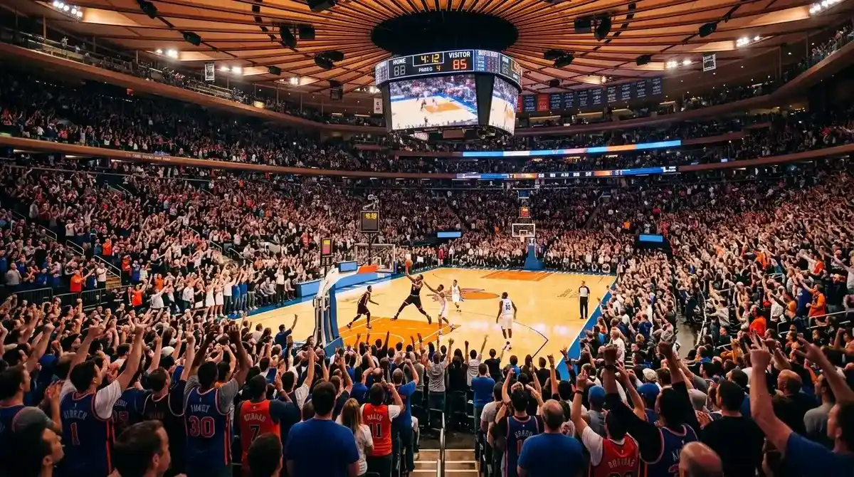 Packed NBA arena during a night game with fans creating an intense home court atmosphere