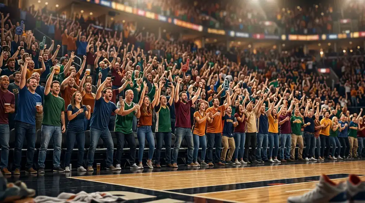 Enthusiastic crowd cheering inside an NBA arena with the hardwood basketball court illuminated under bright lights