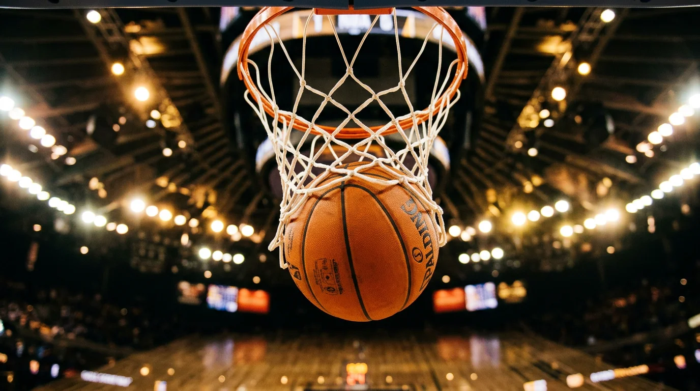 Basketball going through hoop representing NBA moneyline betting wins