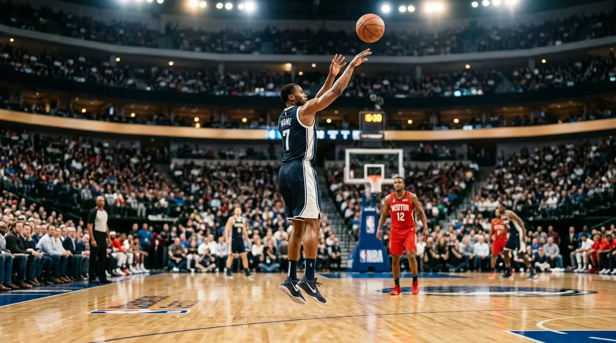 NBA player shooting a basketball during a professional game with arena crowd in the background