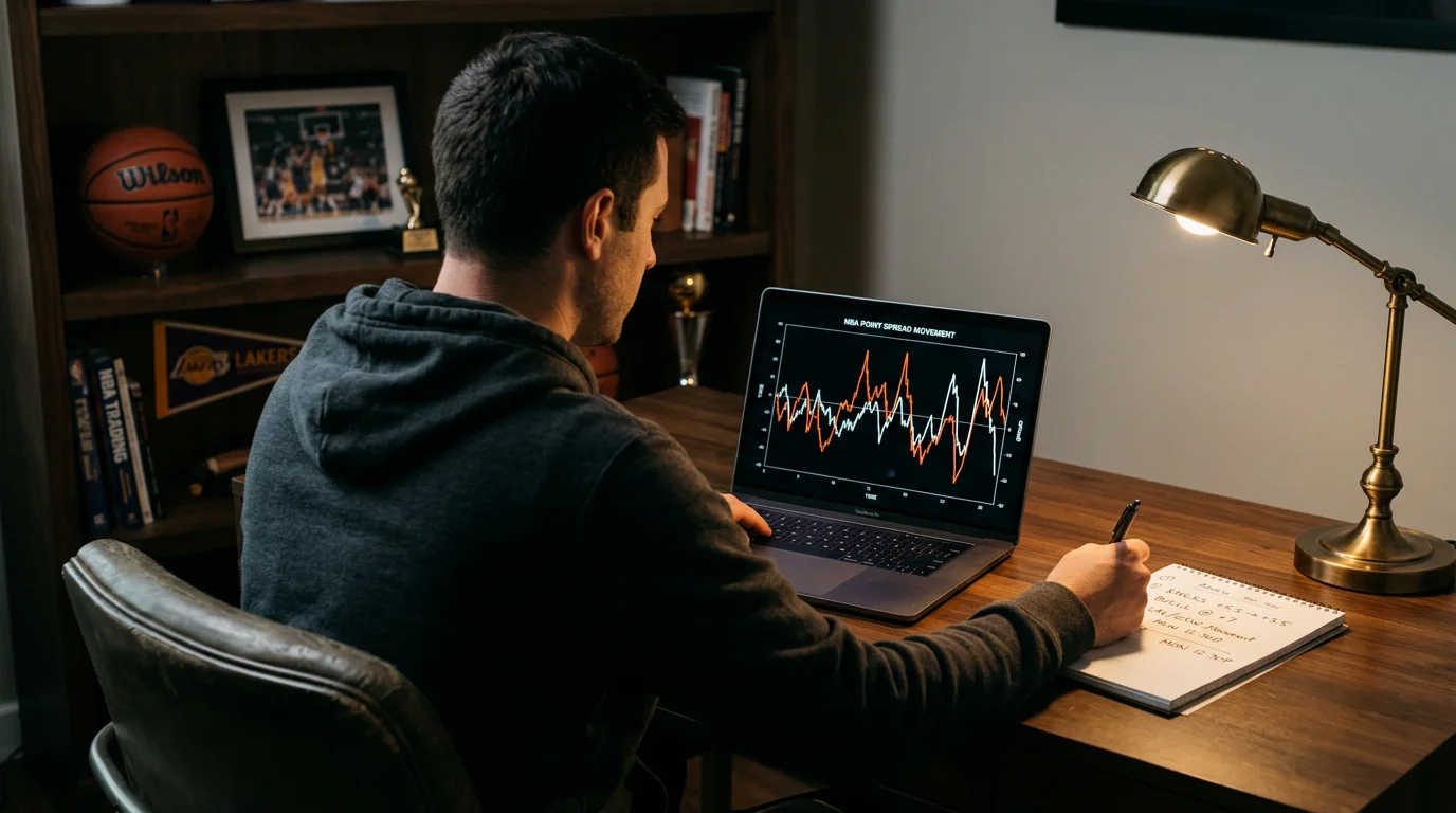 Basketball analyst reviewing NBA point spread line movements on a laptop screen