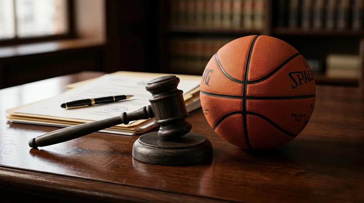 Gavel resting on a desk beside a basketball with UK regulatory documents in a professional office setting